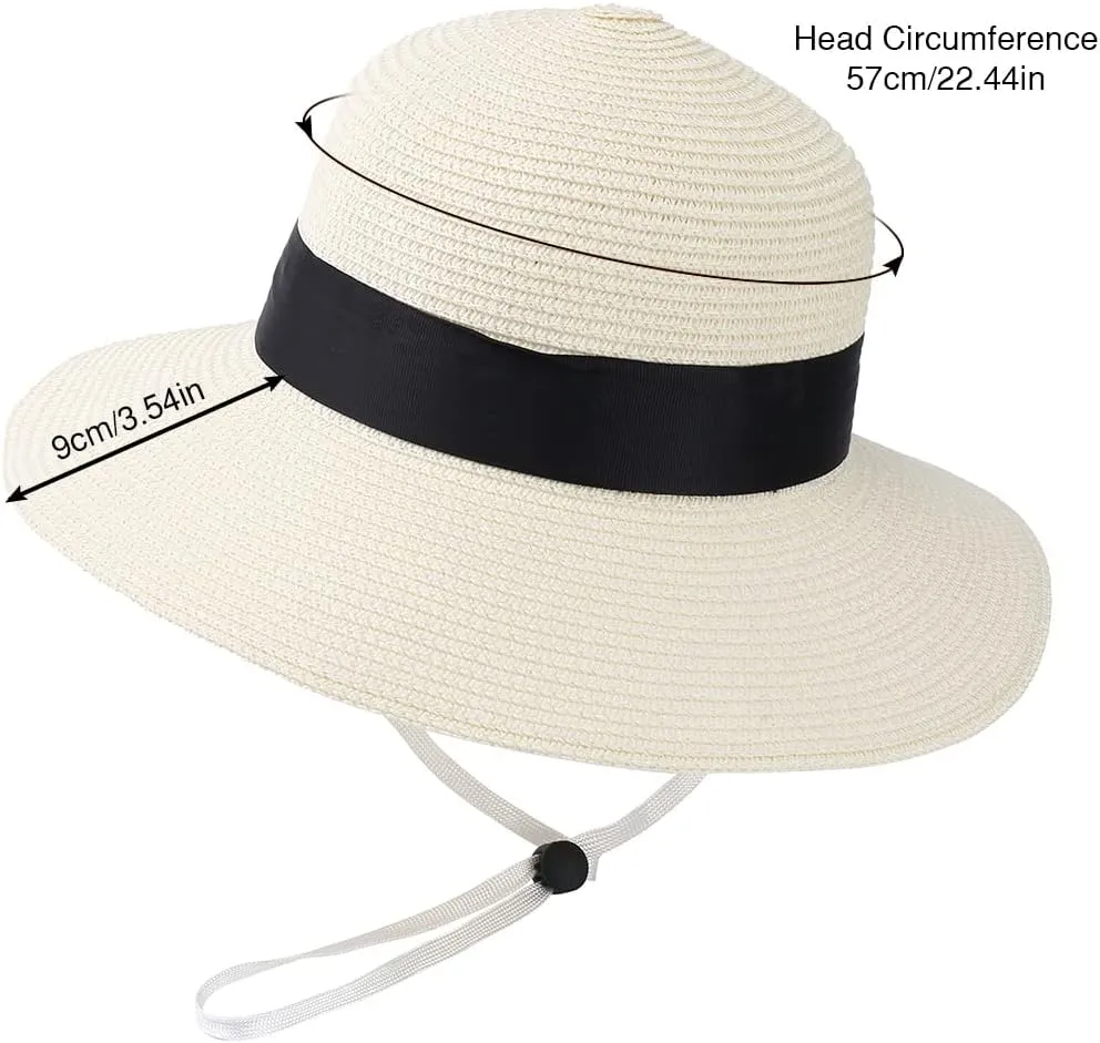 Sun Straw Hat for Women with Wind Lanyard Wide Brim Foldable Beach Summer Hats Womens UV 50  Protection Bowknot Cap