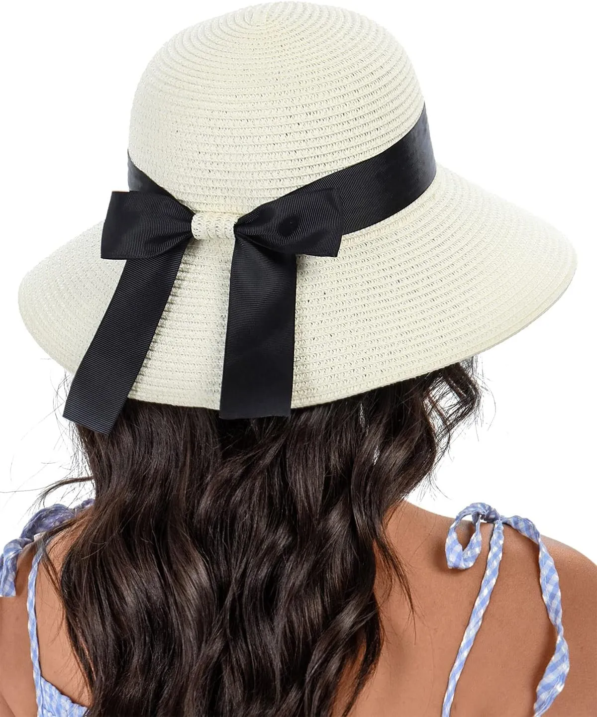 Sun Straw Hat for Women with Wind Lanyard Wide Brim Foldable Beach Summer Hats Womens UV 50  Protection Bowknot Cap