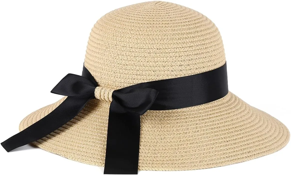 Sun Straw Hat for Women with Wind Lanyard Wide Brim Foldable Beach Summer Hats Womens UV 50  Protection Bowknot Cap