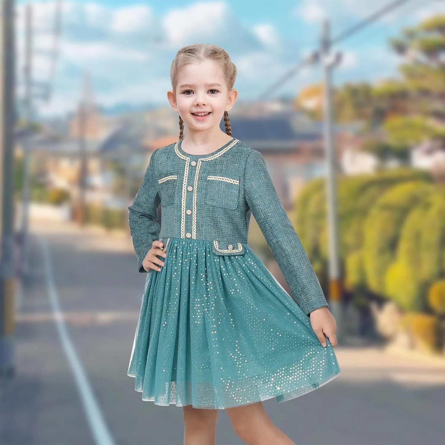 Sunny Fashion Girls Dress Beige Cream Sequin Heart Butterfly Tulle Skirt Long Sleeve