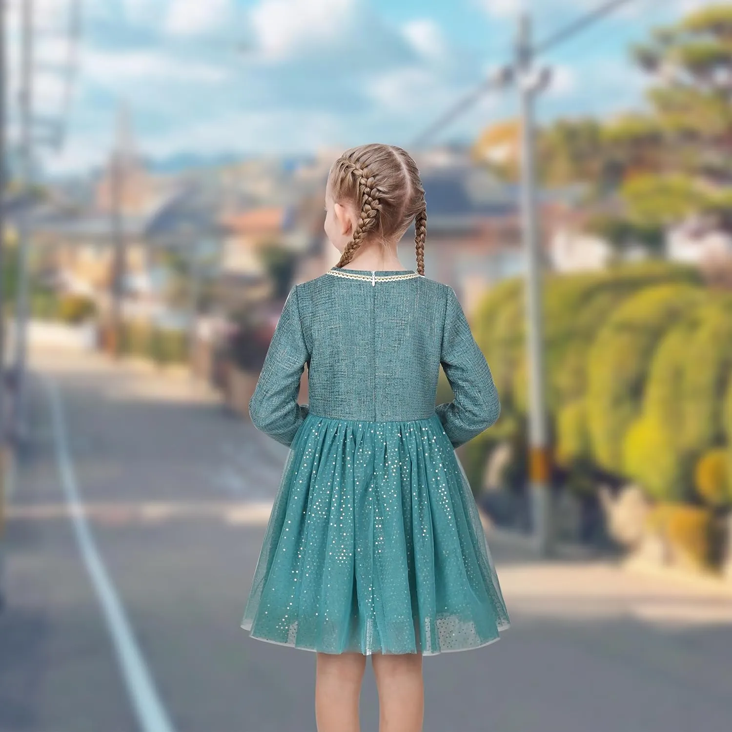 Sunny Fashion Girls Dress Beige Cream Sequin Heart Butterfly Tulle Skirt Long Sleeve
