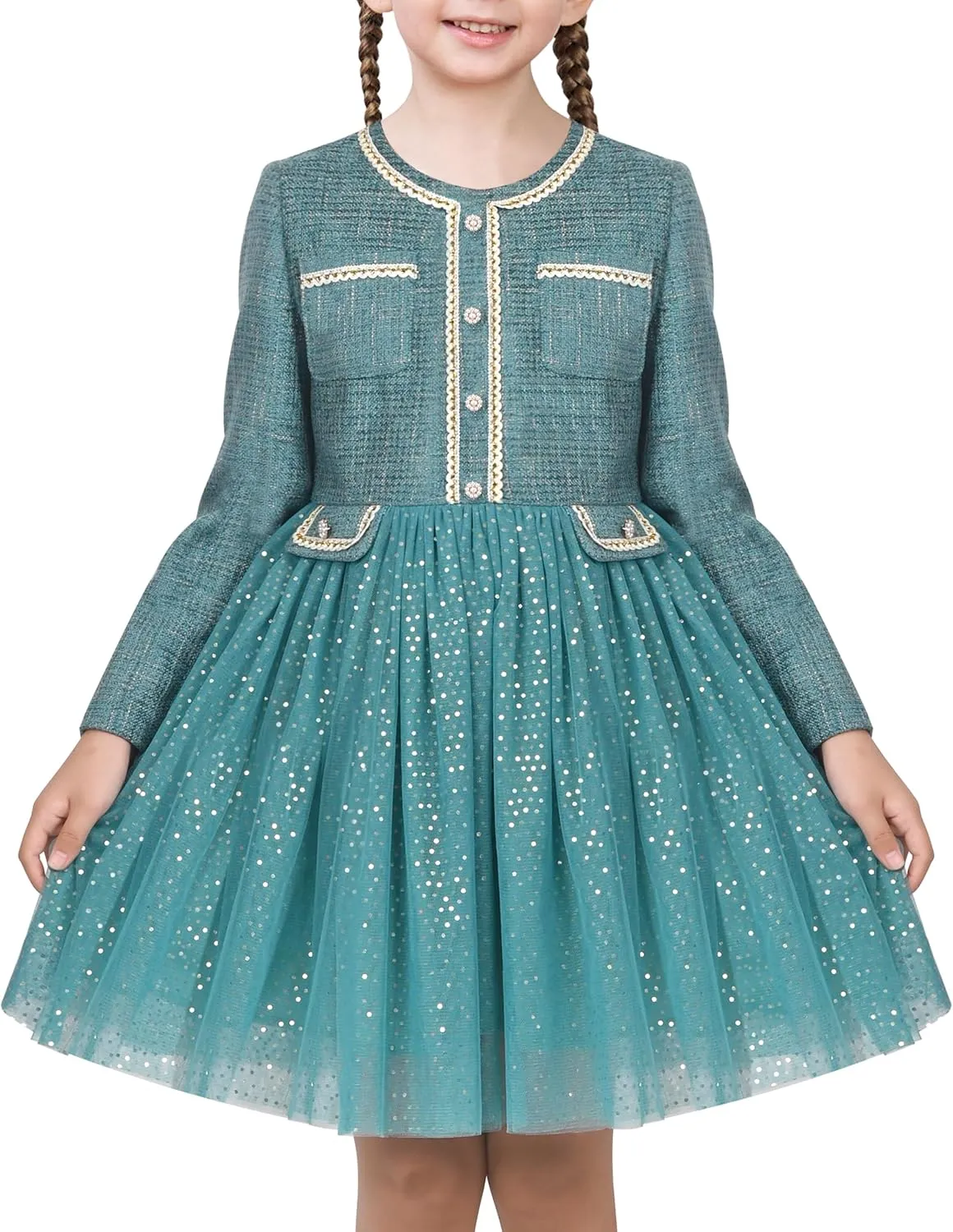 Sunny Fashion Girls Dress Beige Cream Sequin Heart Butterfly Tulle Skirt Long Sleeve