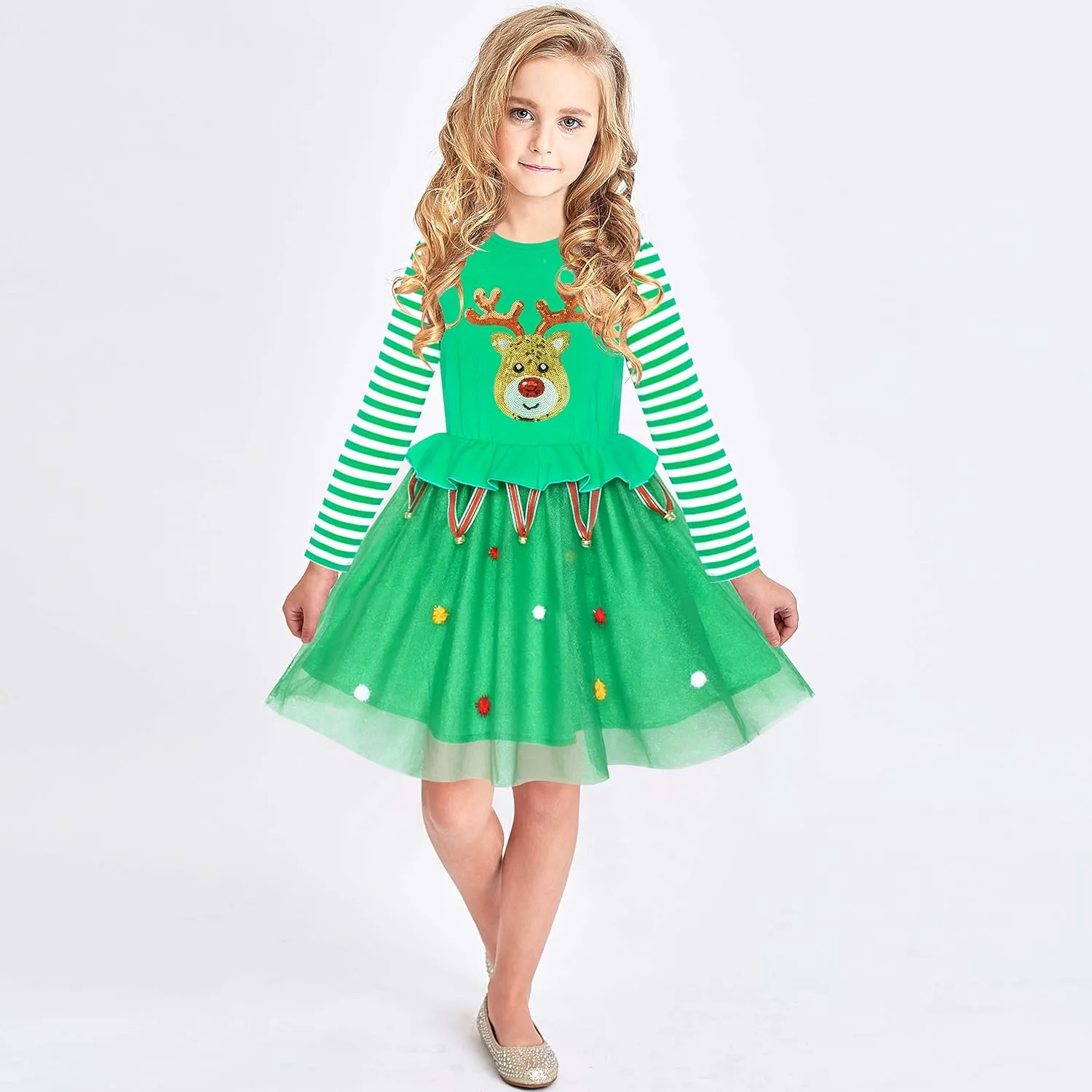 Sunny Fashion Girls Dress Christmas Santa Hat Long Sleeve Party Dress Size 6-12