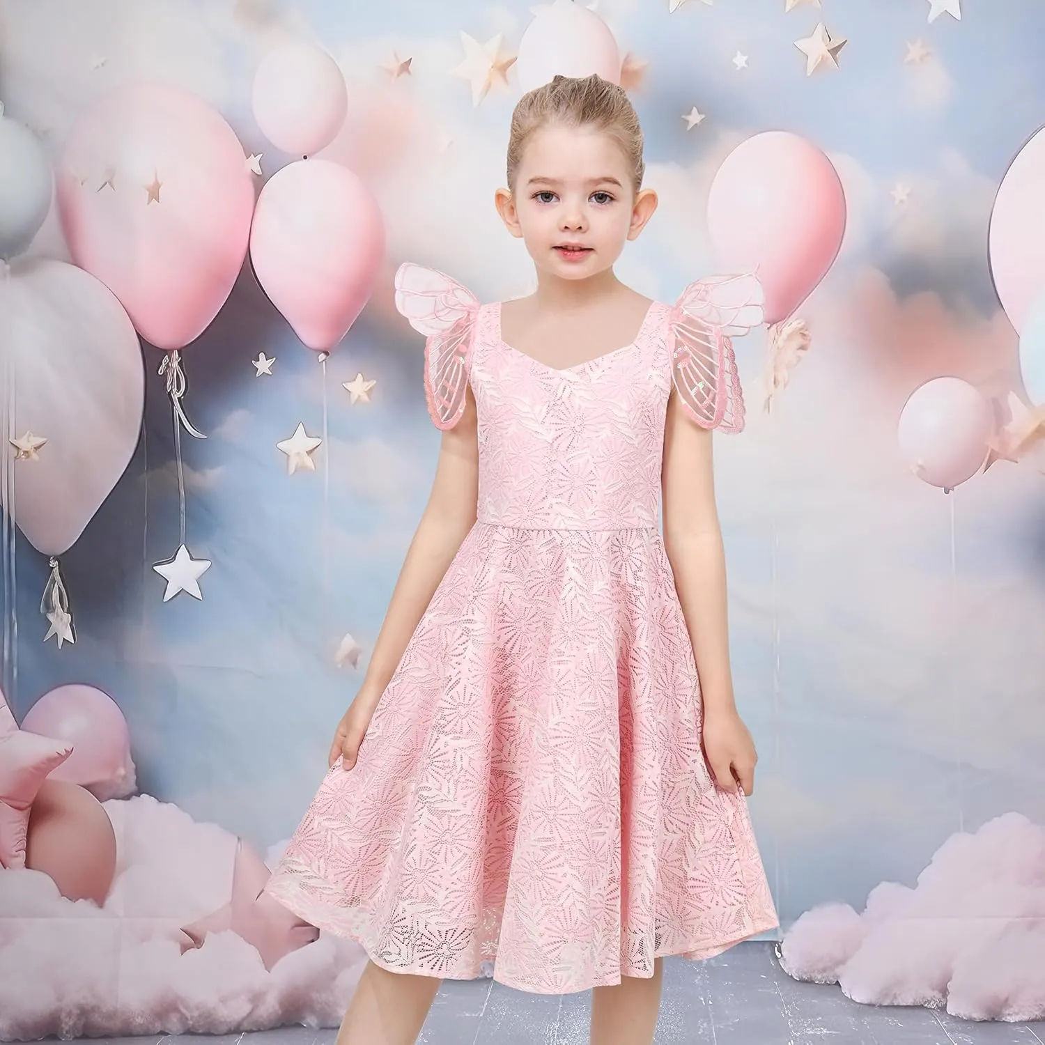 Sunny Fashion Girls Dress Floral Ruffle Tulle Skirt Flutter Flare Sleeve