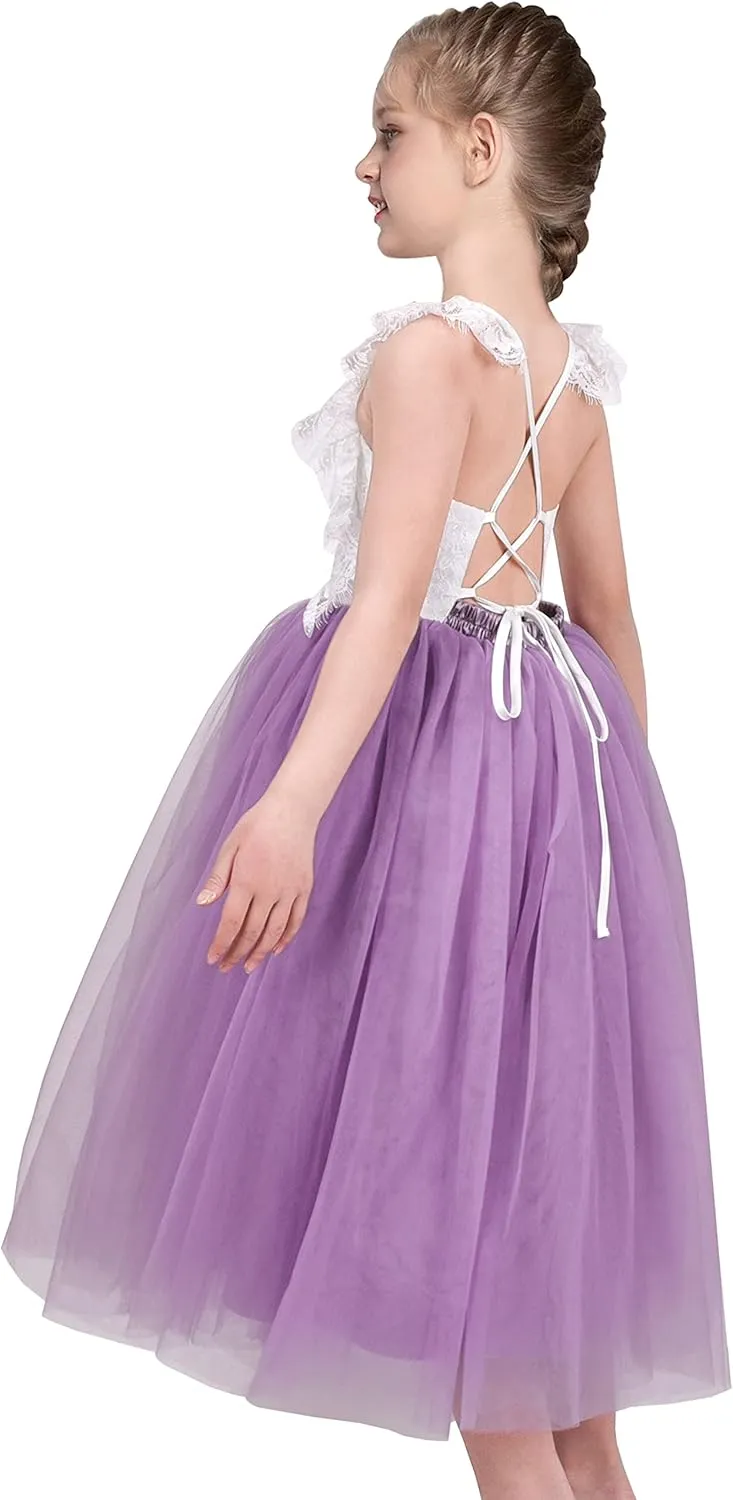 Sunny Fashion Girls Dress Purple Lace Tulle Sleeveless Hollow Back Party Pageant