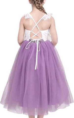 Sunny Fashion Girls Dress Purple Lace Tulle Sleeveless Hollow Back Party Pageant