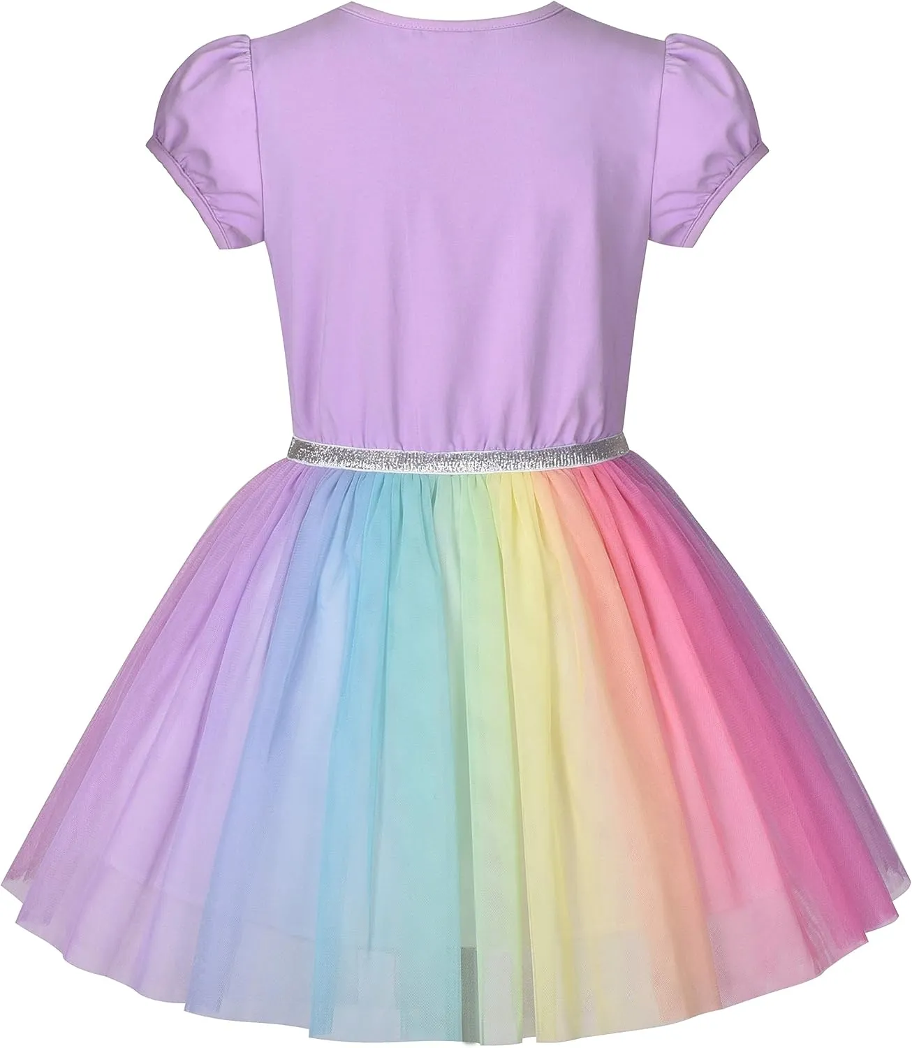 Sunny Fashion Girls Dress Purple Short Sleeve Rainbow Tulle Skirt Birthday Party