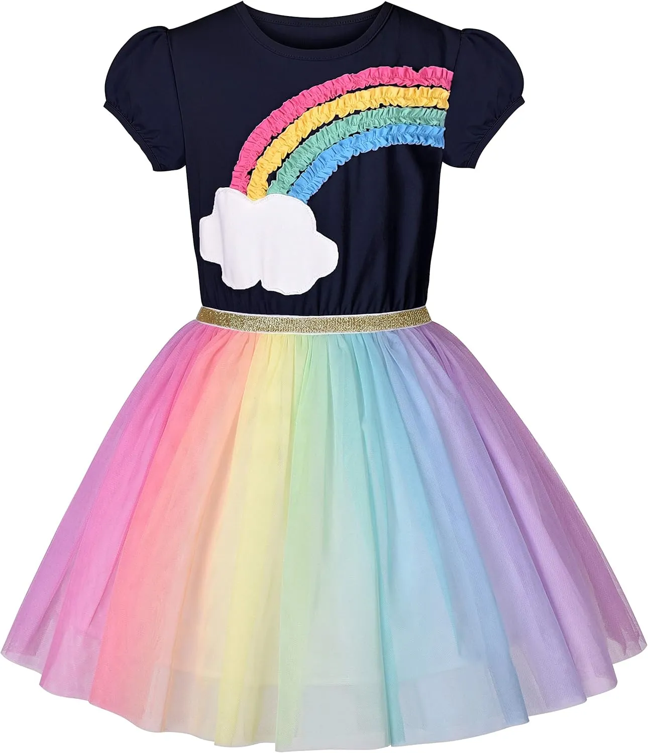 Sunny Fashion Girls Dress Purple Short Sleeve Rainbow Tulle Skirt Birthday Party