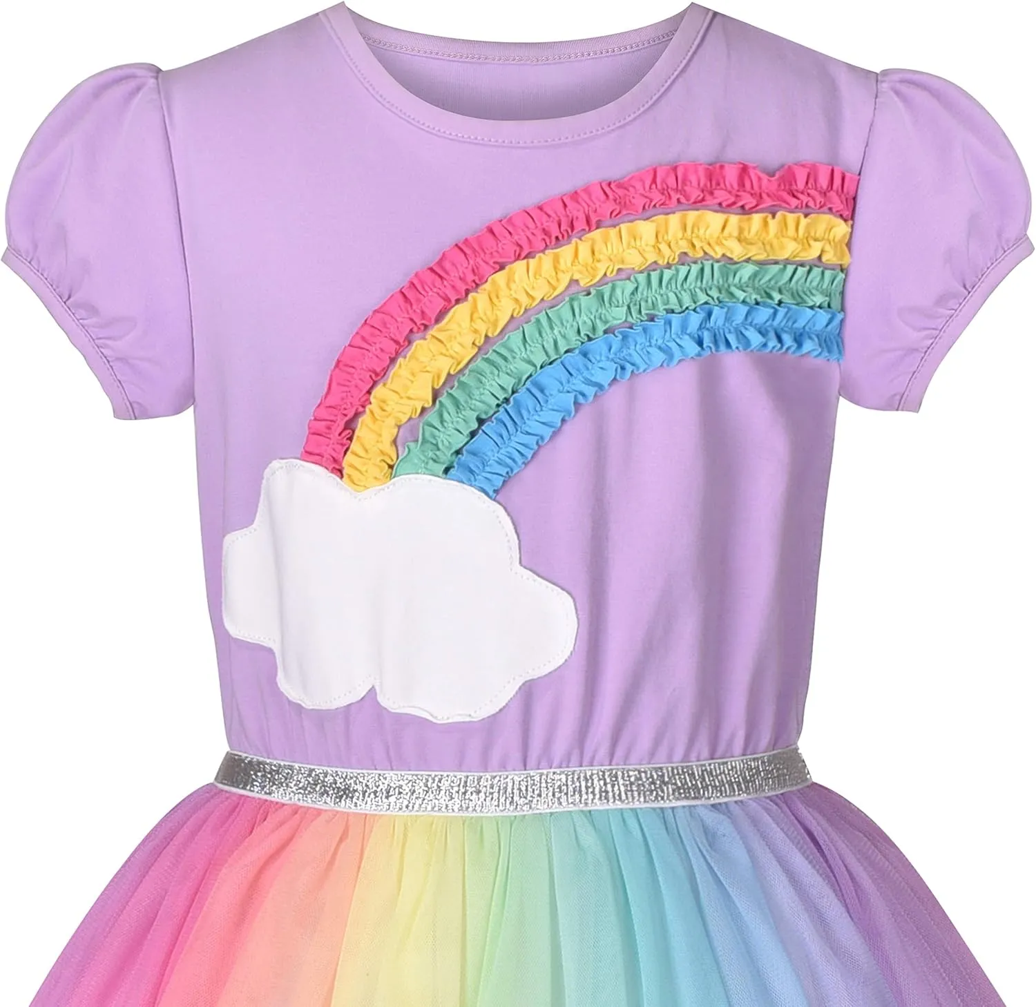 Sunny Fashion Girls Dress Purple Short Sleeve Rainbow Tulle Skirt Birthday Party