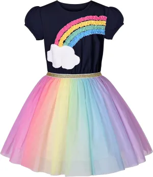 Sunny Fashion Girls Dress Purple Short Sleeve Rainbow Tulle Skirt Birthday Party