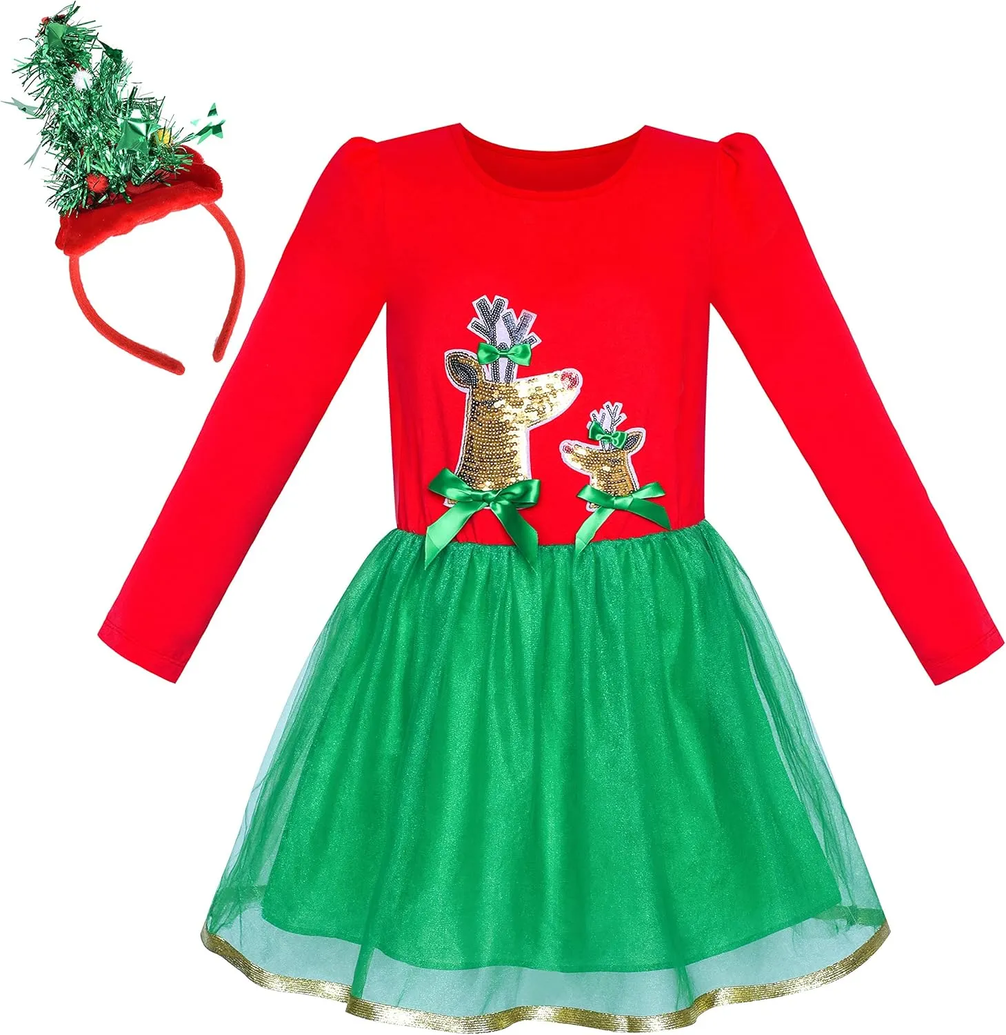 Sunny Fashion Girls Dress Reindeer Headband Santa Christmas Long Sleeve Party Dress