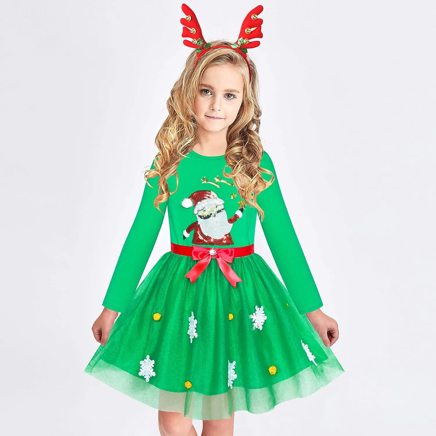 Sunny Fashion Girls Dress Reindeer Headband Santa Christmas Long Sleeve Party Dress