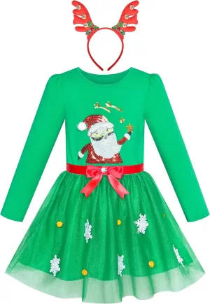 Sunny Fashion Girls Dress Reindeer Headband Santa Christmas Long Sleeve Party Dress