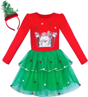 Sunny Fashion Girls Dress Reindeer Headband Santa Christmas Long Sleeve Party Dress