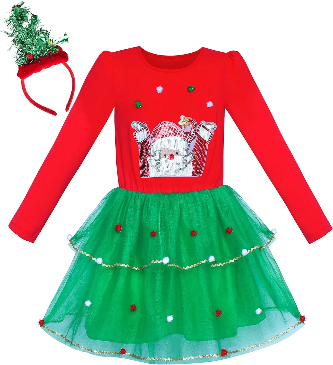 Sunny Fashion Girls Dress Reindeer Headband Santa Christmas Long Sleeve Party Dress