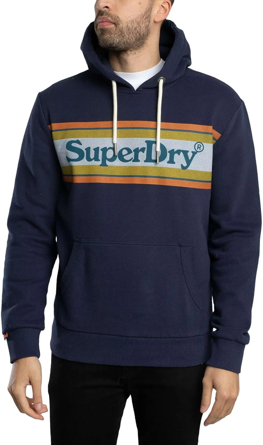 Superdry Men's Venue Logo Stripe Relaxed Pullover Hoodie, Blue Navy Marl
