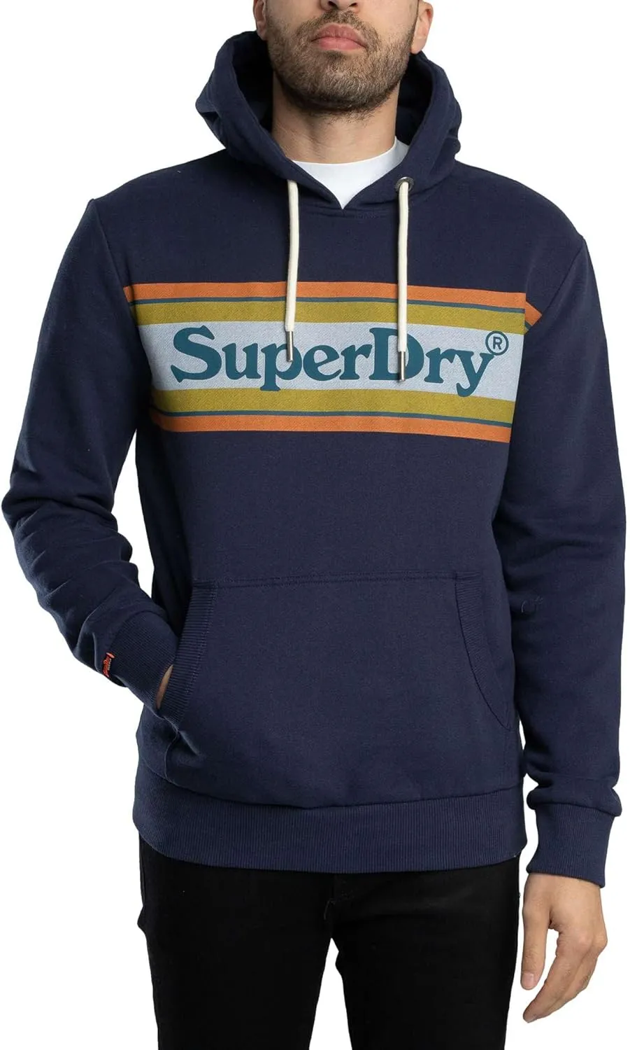 Superdry Men's Venue Logo Stripe Relaxed Pullover Hoodie, Blue Navy Marl