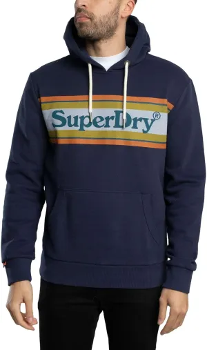 Superdry Men's Venue Logo Stripe Relaxed Pullover Hoodie, Blue Navy Marl