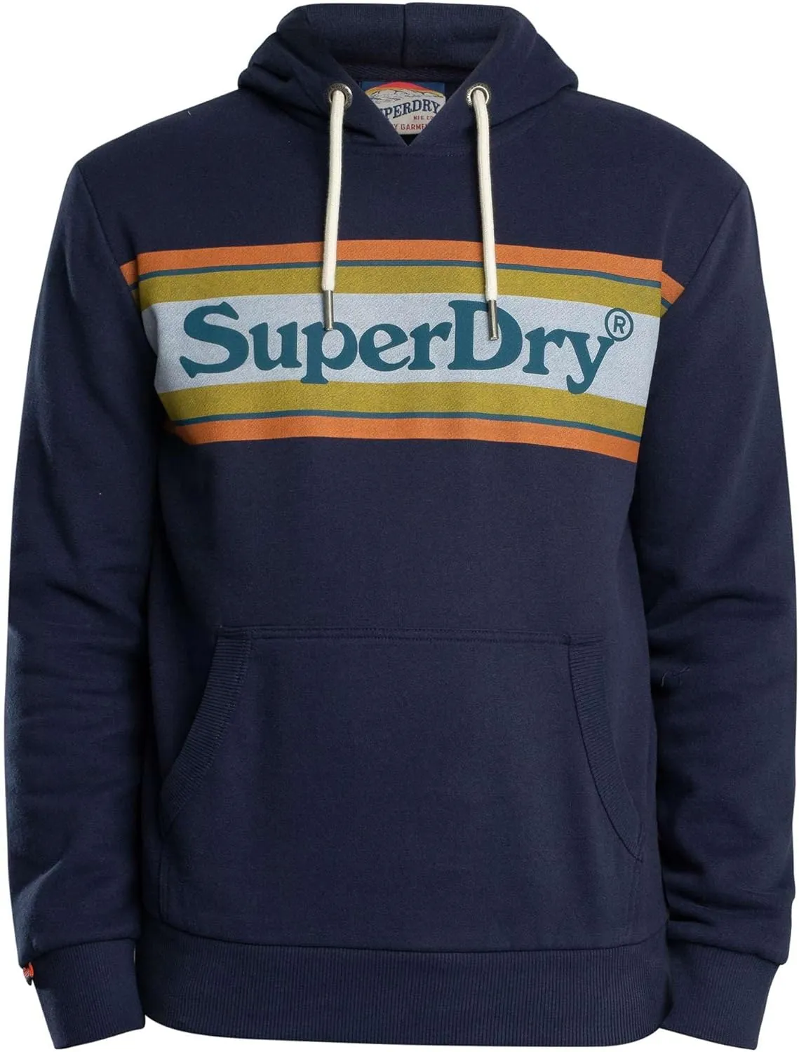 Superdry Men's Venue Logo Stripe Relaxed Pullover Hoodie, Blue Navy Marl