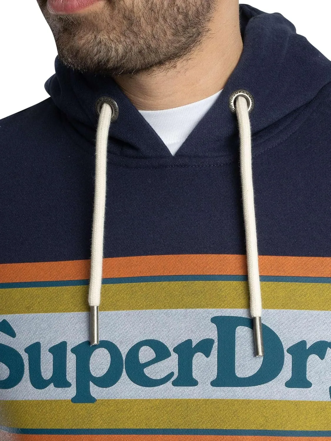 Superdry Men's Venue Logo Stripe Relaxed Pullover Hoodie, Blue Navy Marl