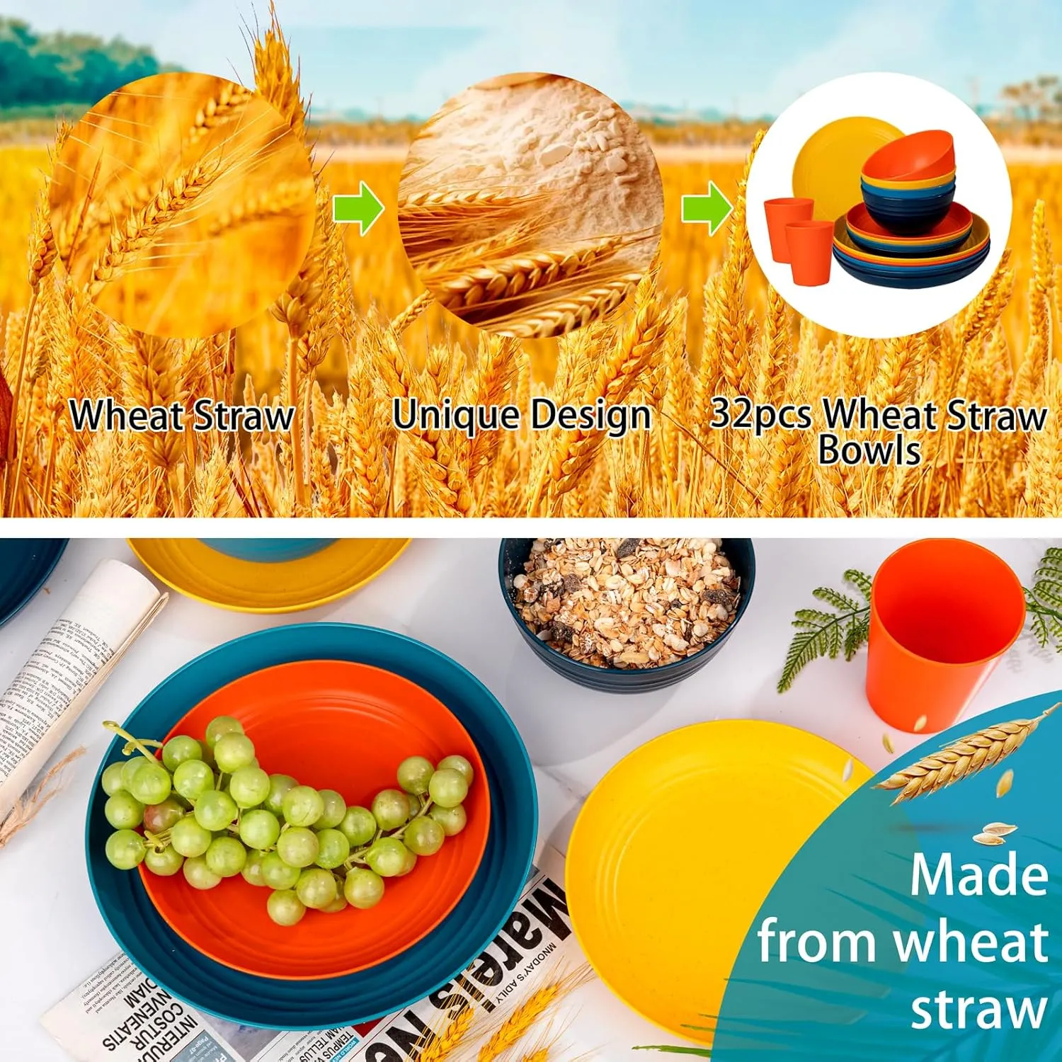 Supernal 32pcs Wheat Straw Dinnerware Sets,Plastic Plates and Bowls Sets for 8 Unbreakable Plates and Bowls Sets Dishwasher Safe Microwave Safe Fun Colors Perfect for Cooking Family Camping Picnics