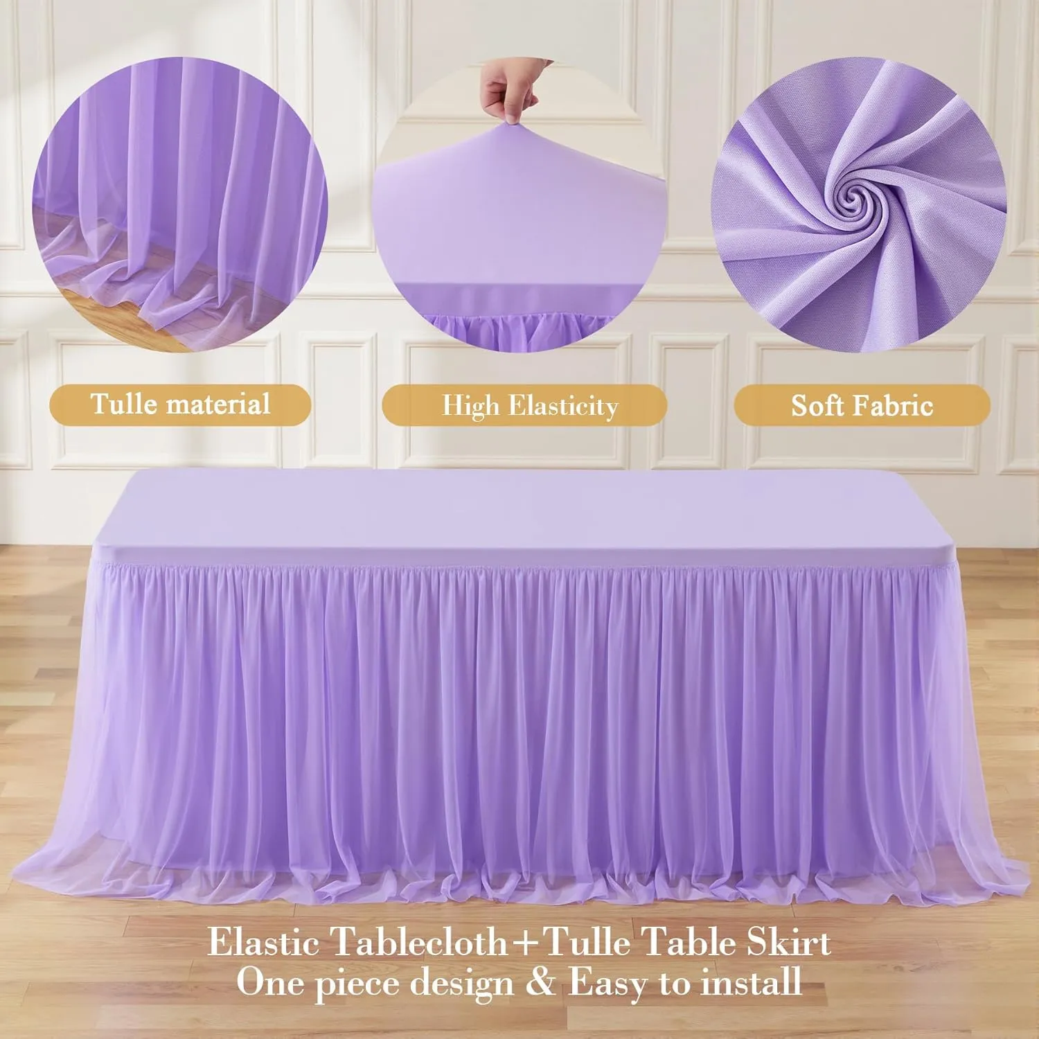 Suppromo 2 Pack 6ft Lavender Tulle Tablecloths for Rectangle Tables, 6 Foot Rectangular Table Cloth Wrinkle Free Tablecover with Tutu Skirt for Wedding Baby Shower Birthday Party Banquet Buffet Cake
