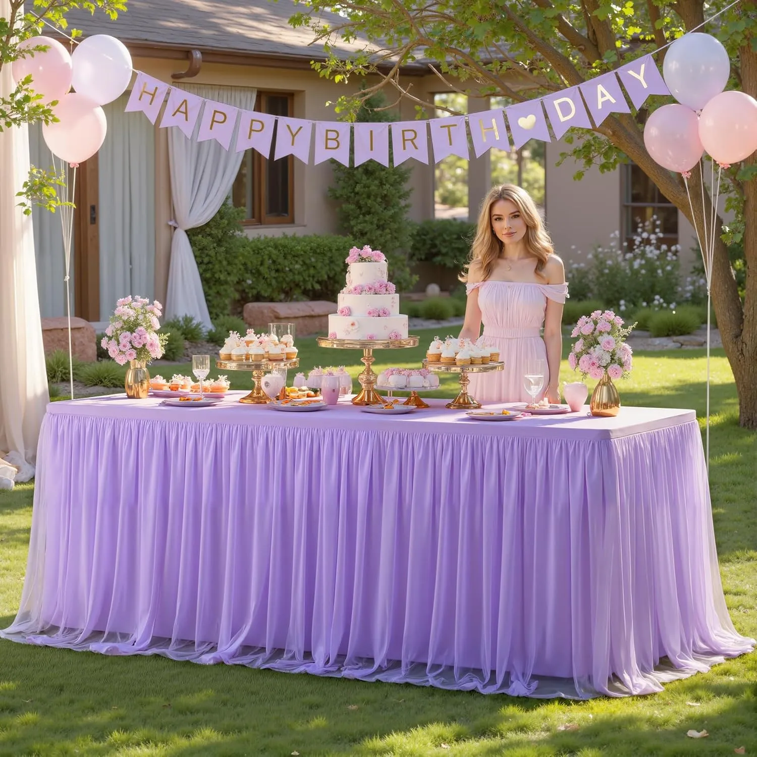 Suppromo 2 Pack 6ft Lavender Tulle Tablecloths for Rectangle Tables, 6 Foot Rectangular Table Cloth Wrinkle Free Tablecover with Tutu Skirt for Wedding Baby Shower Birthday Party Banquet Buffet Cake