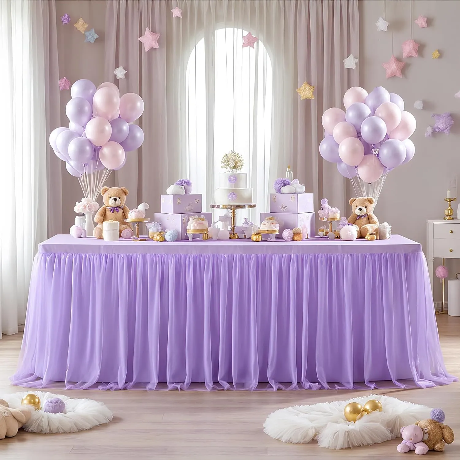 Suppromo 2 Pack 6ft Lavender Tulle Tablecloths for Rectangle Tables, 6 Foot Rectangular Table Cloth Wrinkle Free Tablecover with Tutu Skirt for Wedding Baby Shower Birthday Party Banquet Buffet Cake