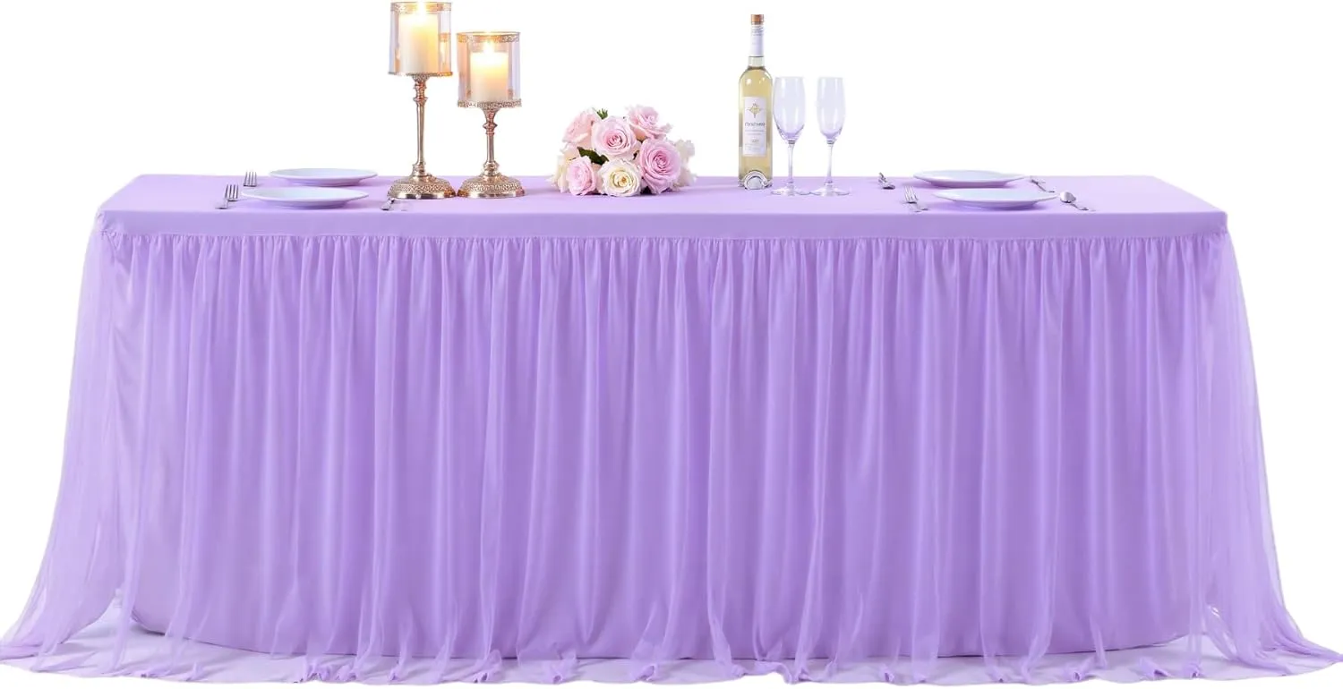 Suppromo 2 Pack 6ft Lavender Tulle Tablecloths for Rectangle Tables, 6 Foot Rectangular Table Cloth Wrinkle Free Tablecover with Tutu Skirt for Wedding Baby Shower Birthday Party Banquet Buffet Cake