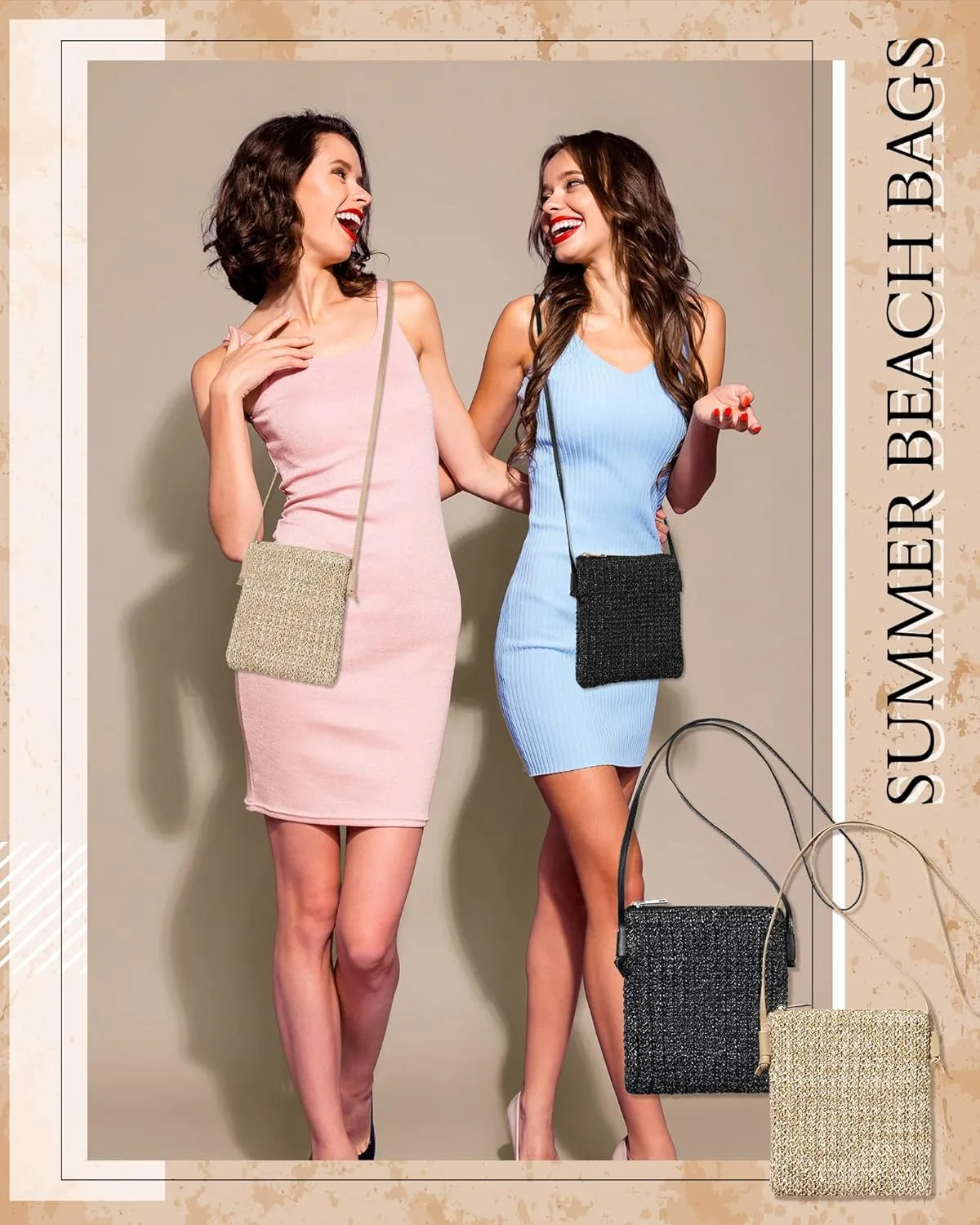 Sweetude 2 Pcs Straw Beach Bag for Women Summer Woven Straw Purse Cute Shoulder Crossbody Handbags for Women