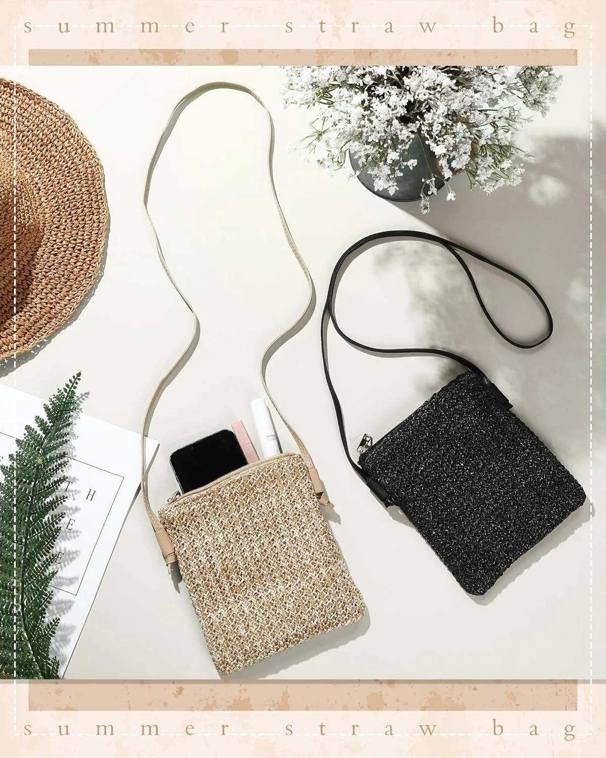 Sweetude 2 Pcs Straw Beach Bag for Women Summer Woven Straw Purse Cute Shoulder Crossbody Handbags for Women