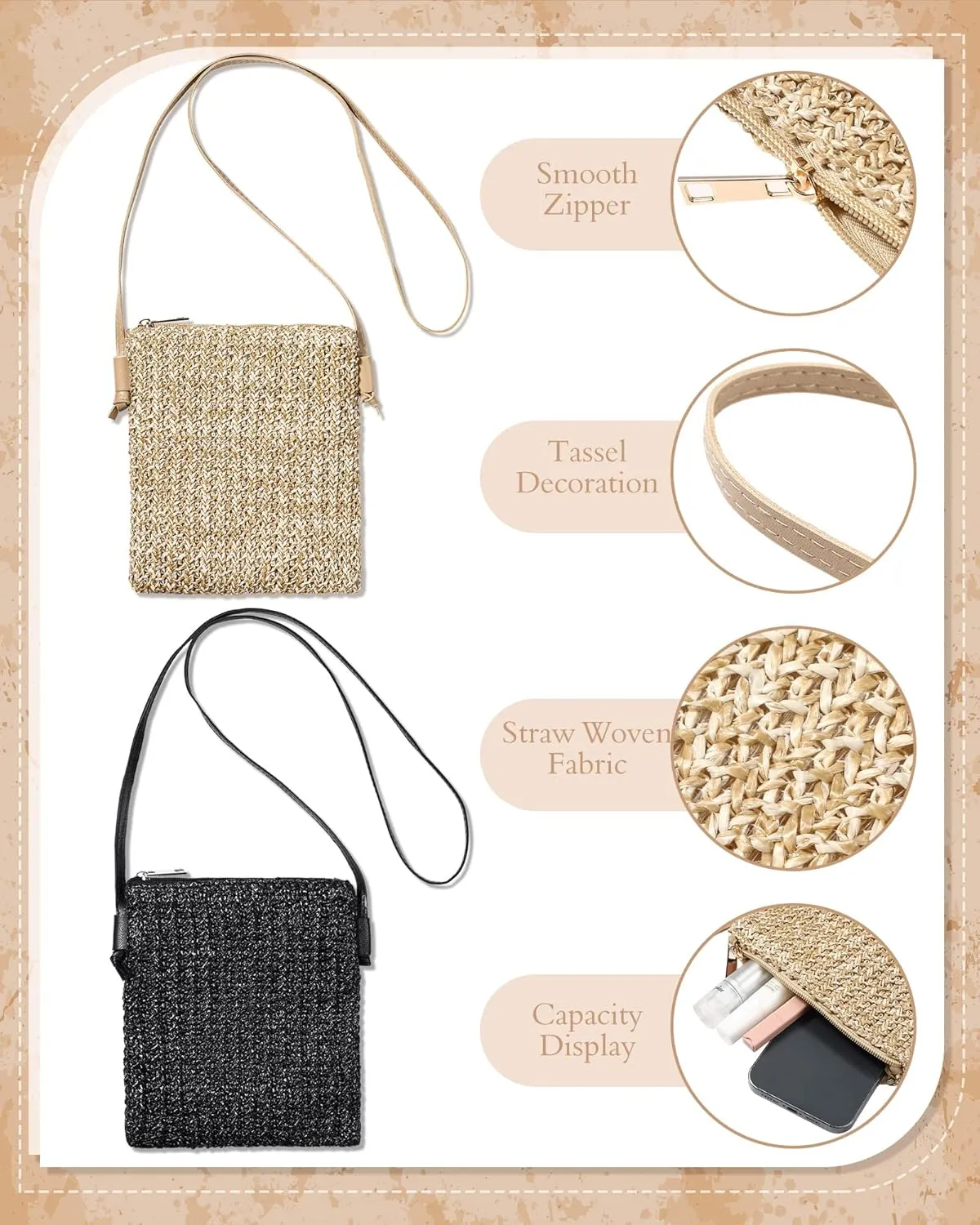 Sweetude 2 Pcs Straw Beach Bag for Women Summer Woven Straw Purse Cute Shoulder Crossbody Handbags for Women