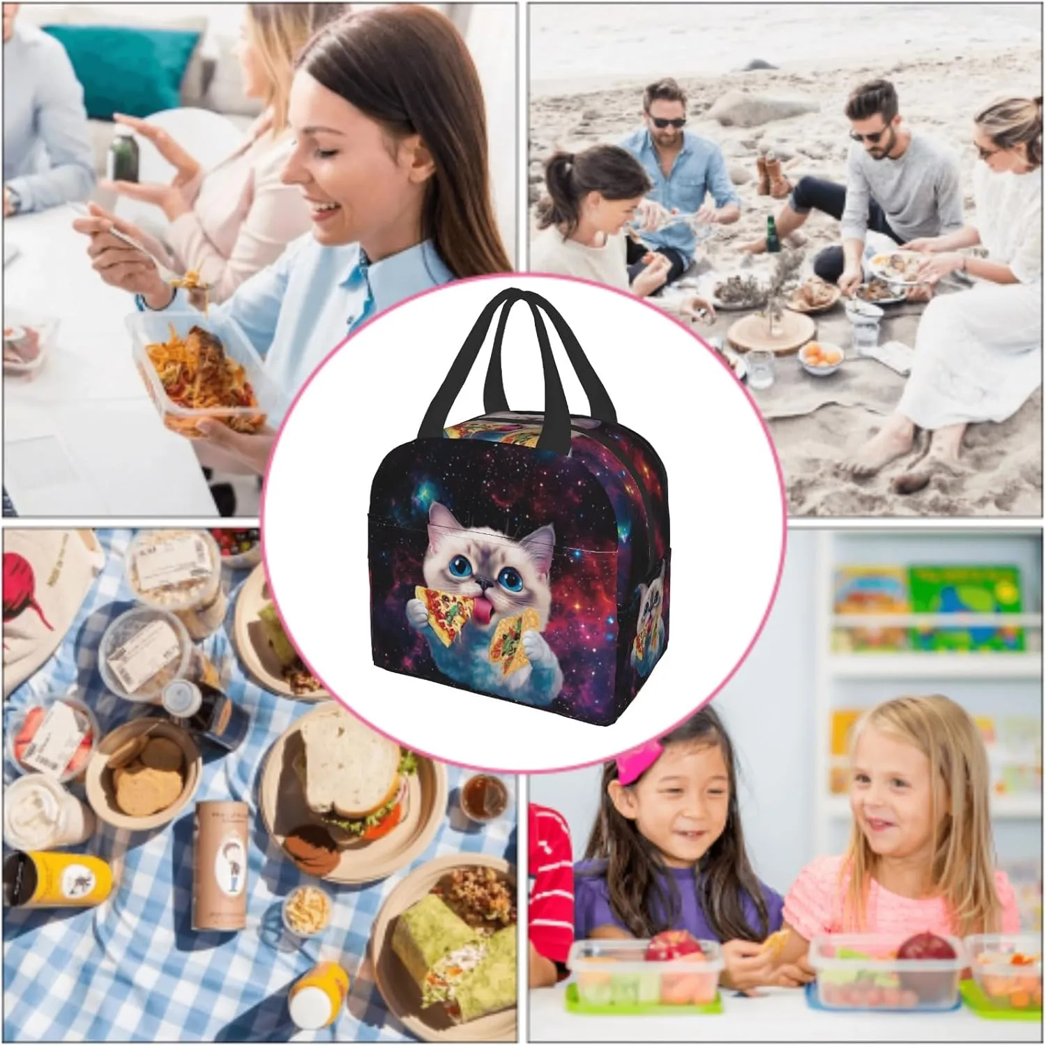 Taco Cat Lunch Box Cute Kitten Pizza Galaxy Insulated Portable Lunch Bags Thermal Meal Cooler Lunch Tote Handbag for Kids Girls Boys College Women Men Office Picnic