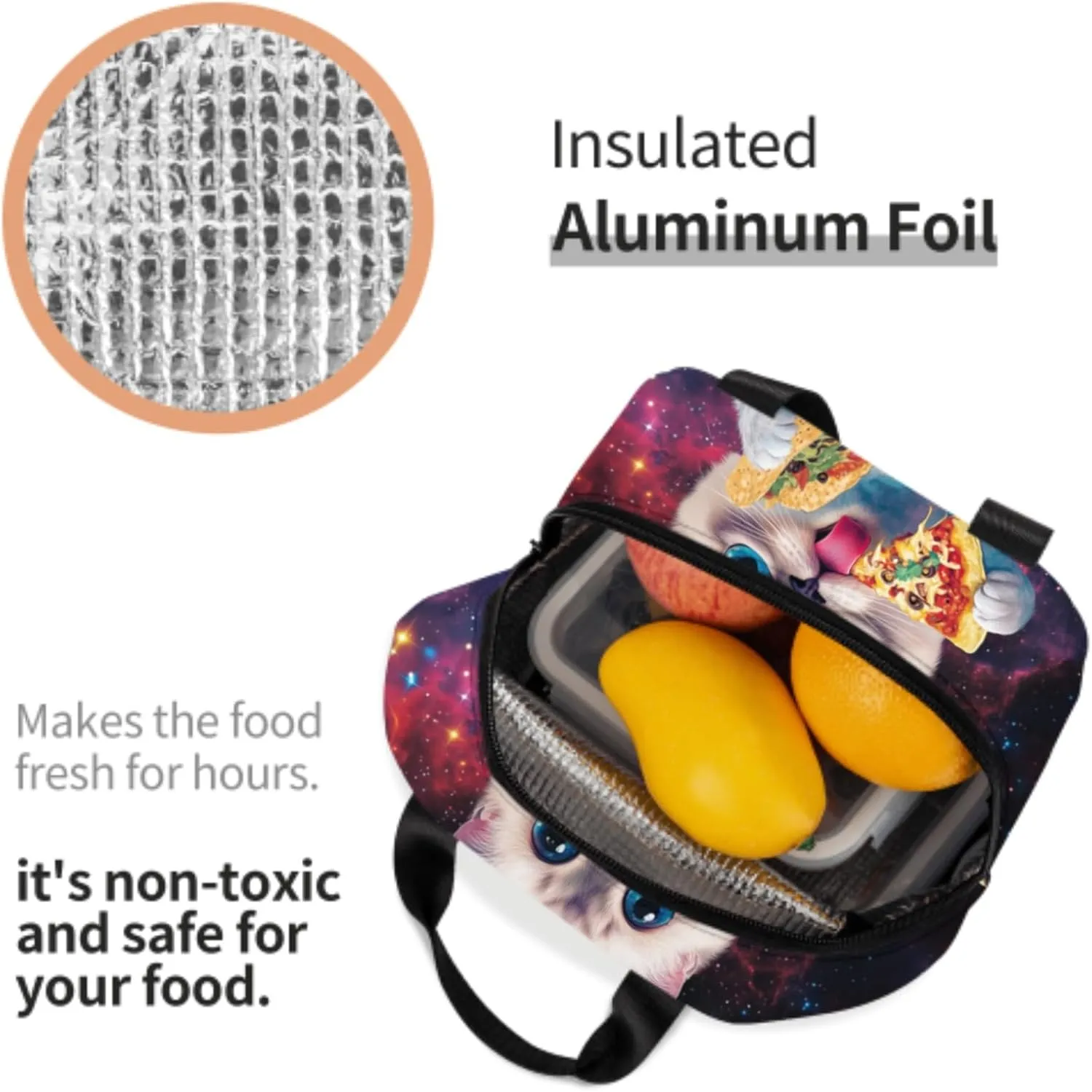 Taco Cat Lunch Box Cute Kitten Pizza Galaxy Insulated Portable Lunch Bags Thermal Meal Cooler Lunch Tote Handbag for Kids Girls Boys College Women Men Office Picnic