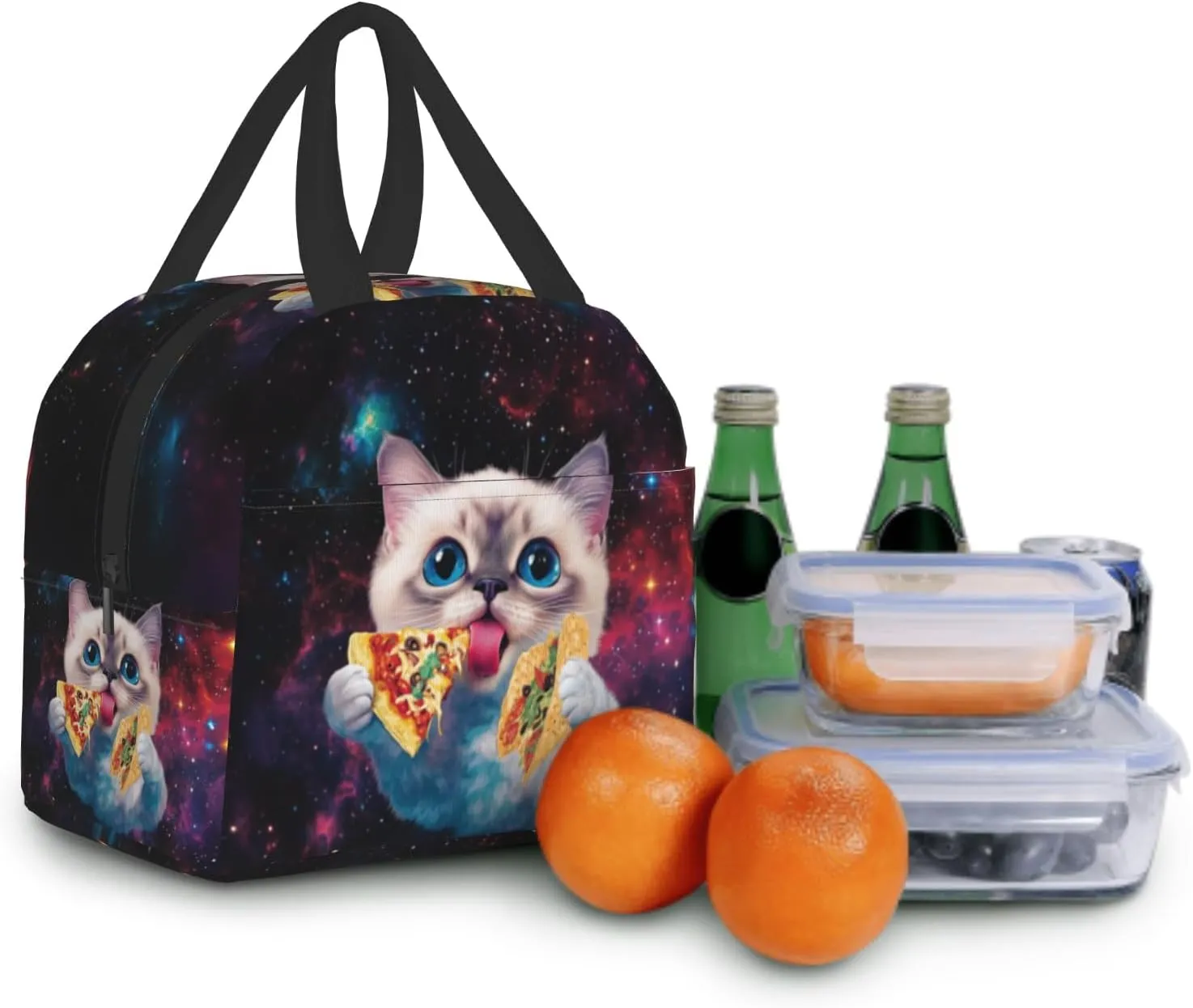 Taco Cat Lunch Box Cute Kitten Pizza Galaxy Insulated Portable Lunch Bags Thermal Meal Cooler Lunch Tote Handbag for Kids Girls Boys College Women Men Office Picnic
