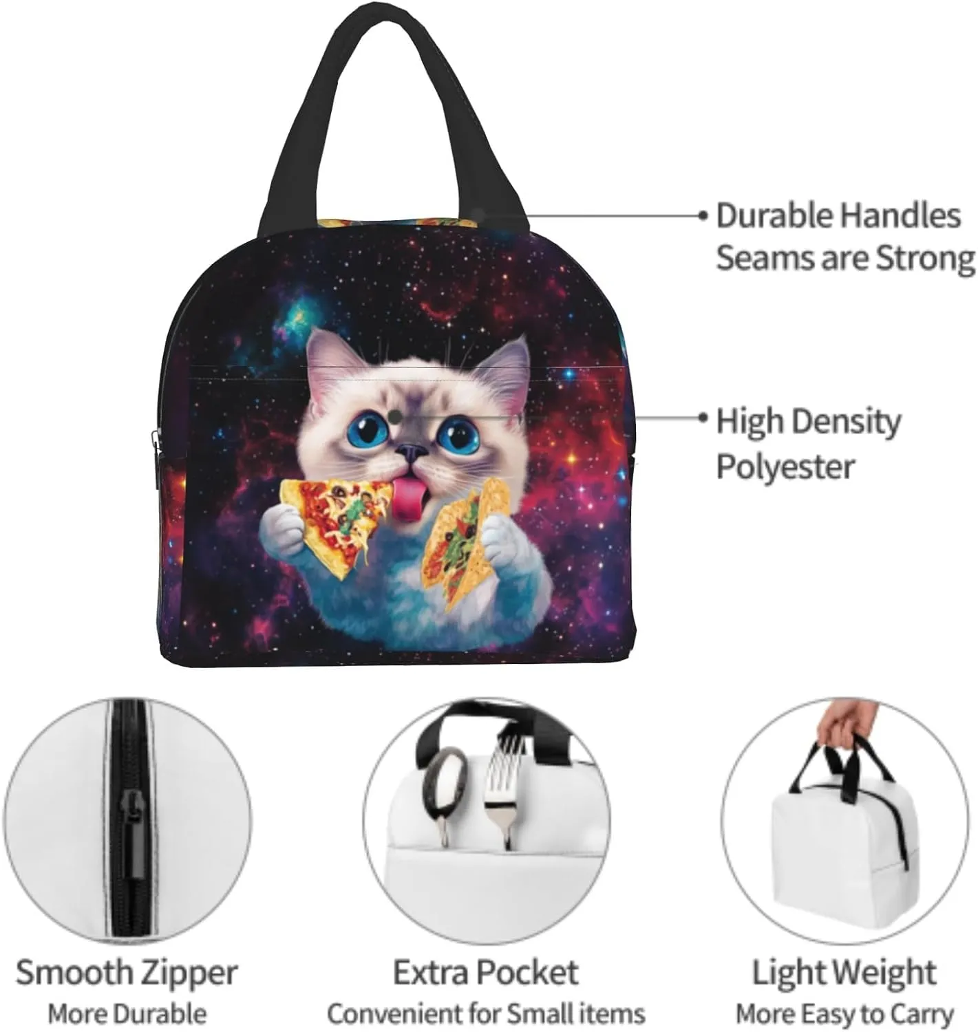 Taco Cat Lunch Box Cute Kitten Pizza Galaxy Insulated Portable Lunch Bags Thermal Meal Cooler Lunch Tote Handbag for Kids Girls Boys College Women Men Office Picnic