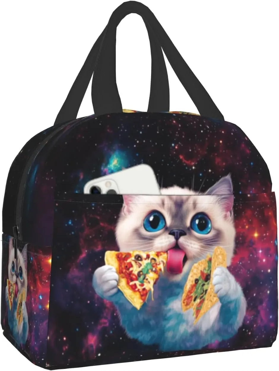 Taco Cat Lunch Box Cute Kitten Pizza Galaxy Insulated Portable Lunch Bags Thermal Meal Cooler Lunch Tote Handbag for Kids Girls Boys College Women Men Office Picnic