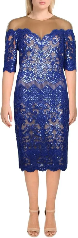 Tadashi Shoji Women's Short Sleeve Sequin Dress with Illusion Neckline