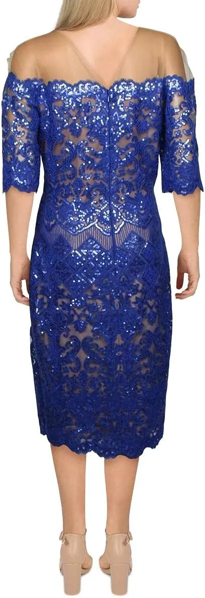 Tadashi Shoji Women's Short Sleeve Sequin Dress with Illusion Neckline