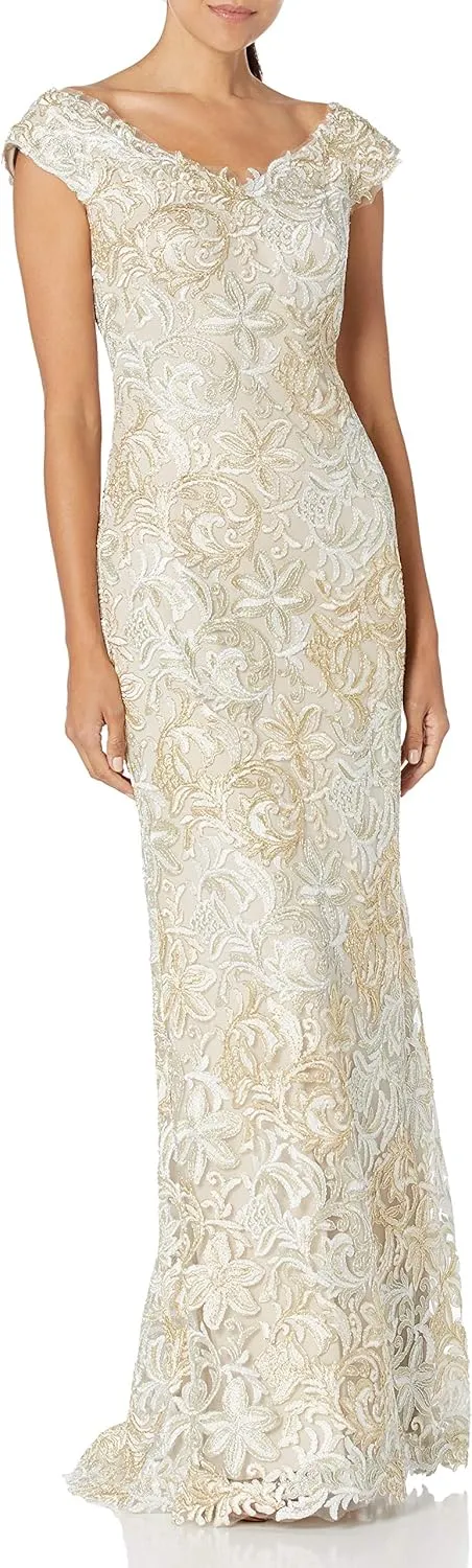 Tadashi Shoji Women's S/S Sequin Lace Gown W/Illusion Neckline