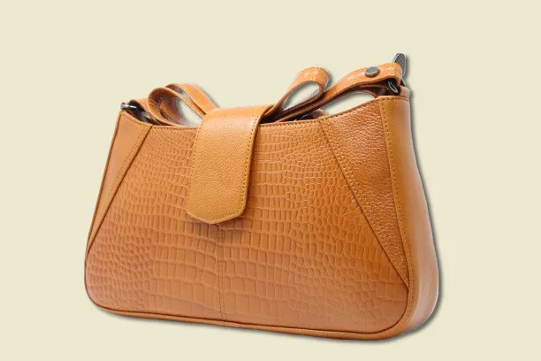 Taha Croco Mango Tan Baguette Sling For Women