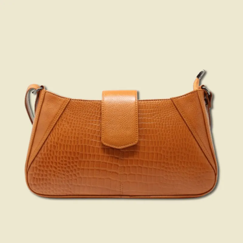 Taha Croco Mango Tan Baguette Sling For Women