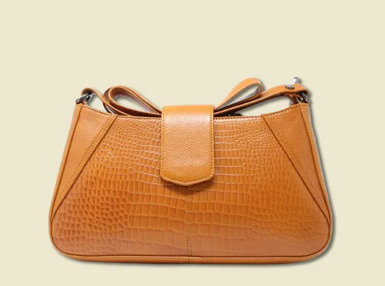 Taha Croco Mango Tan Baguette Sling For Women