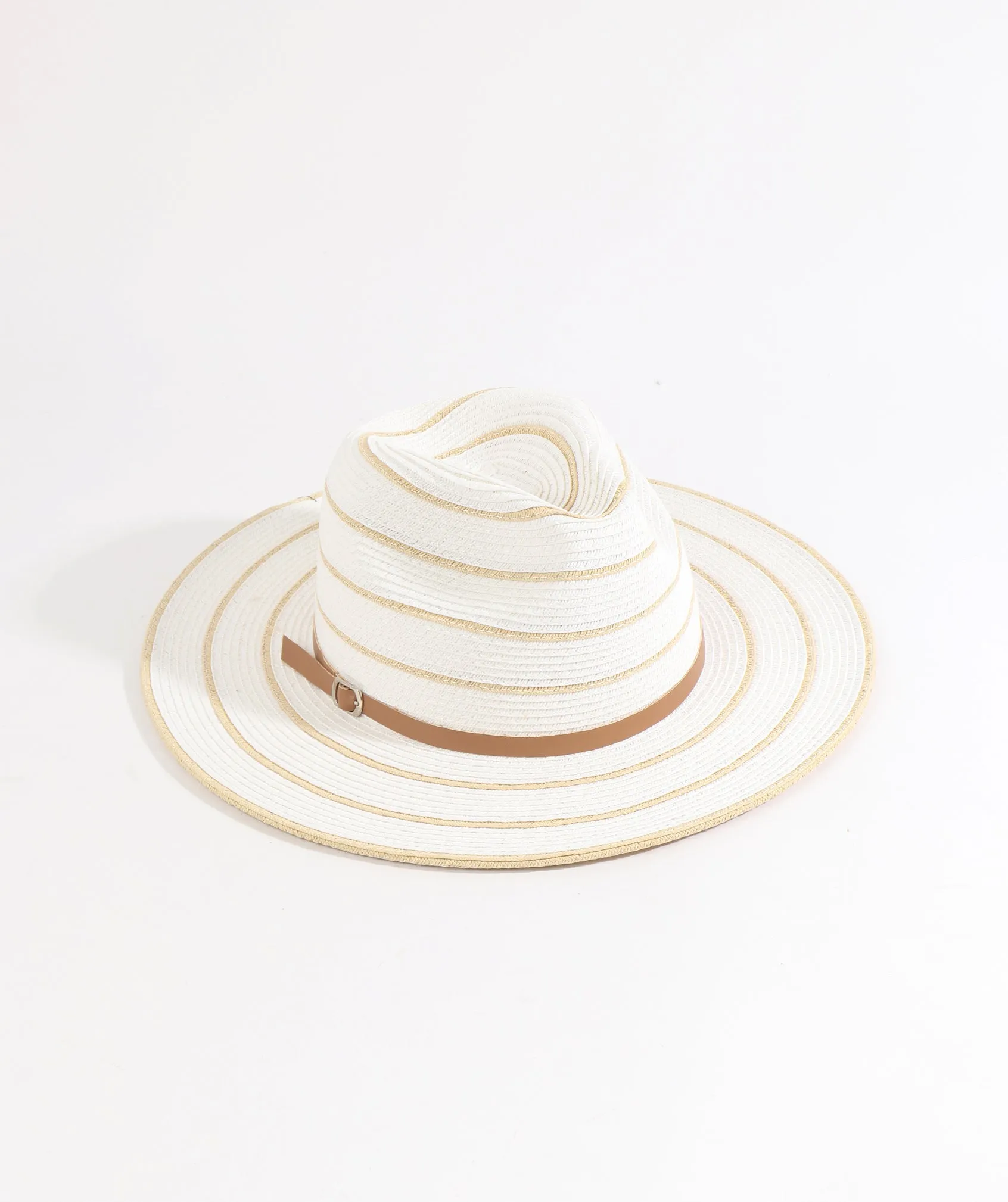 Tan and White Pinstripe Straw Fedora Hat