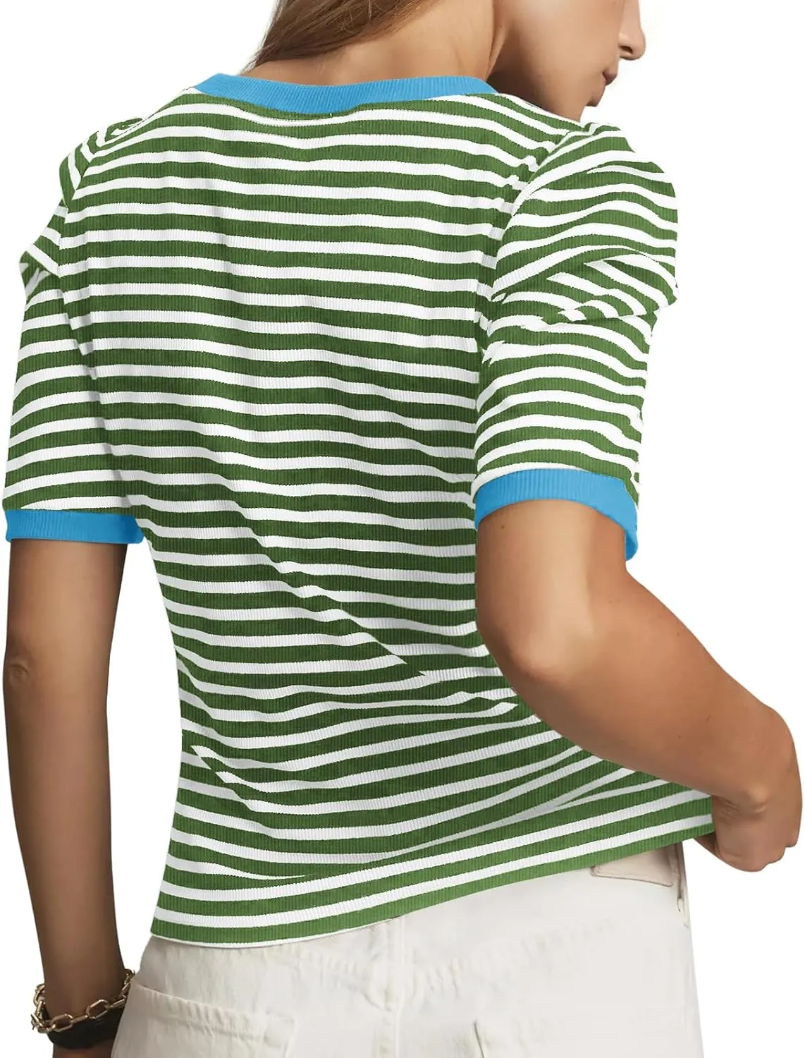 Tankaneo Womens Short Puff Sleeve Tops Trendy Striped Color Block T Shirts Crewneck Casual Shirts