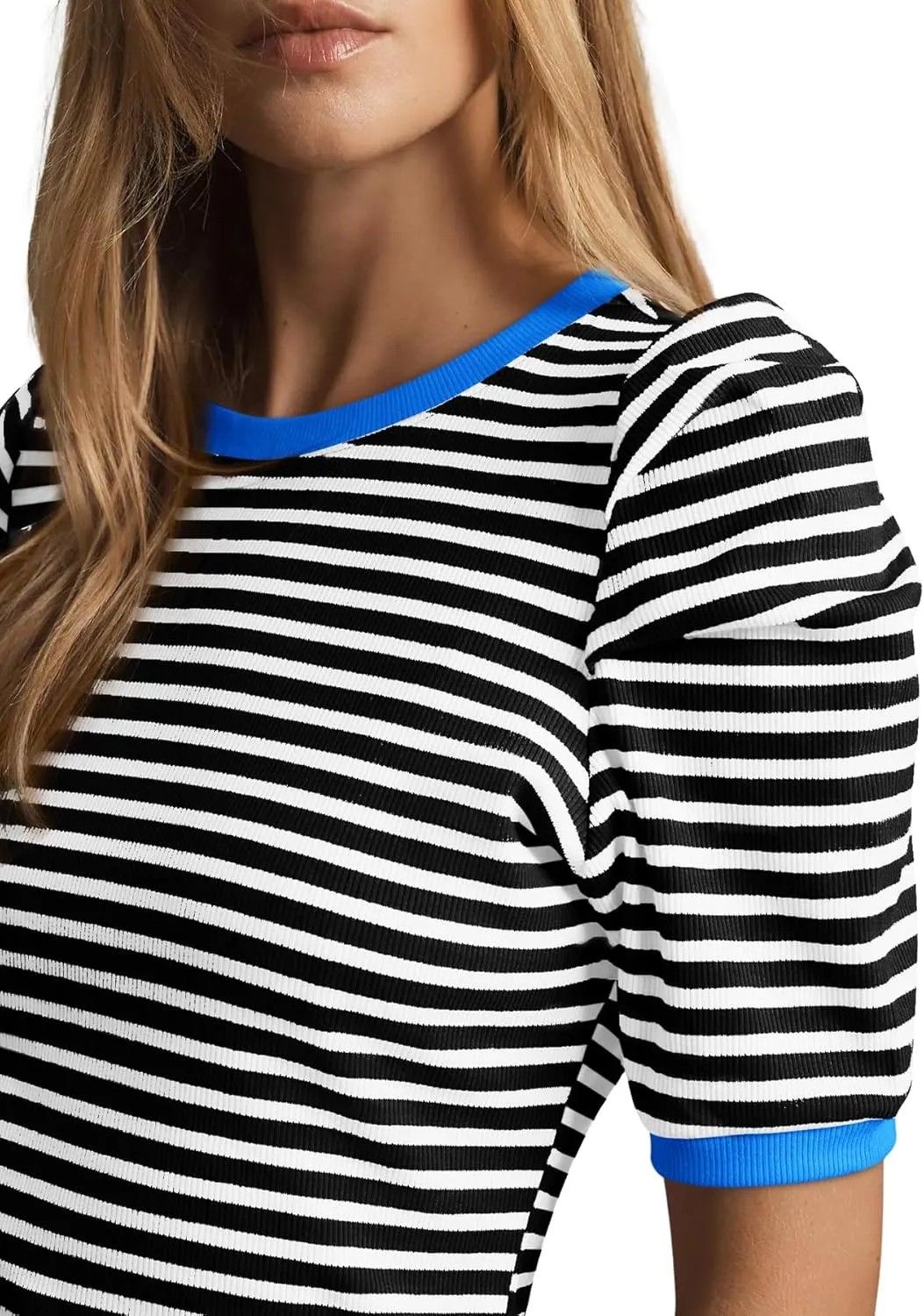 Tankaneo Womens Short Puff Sleeve Tops Trendy Striped Color Block T Shirts Crewneck Casual Shirts