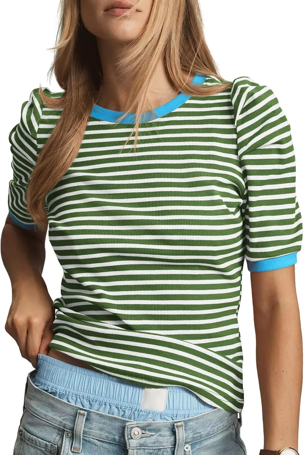 Tankaneo Womens Short Puff Sleeve Tops Trendy Striped Color Block T Shirts Crewneck Casual Shirts