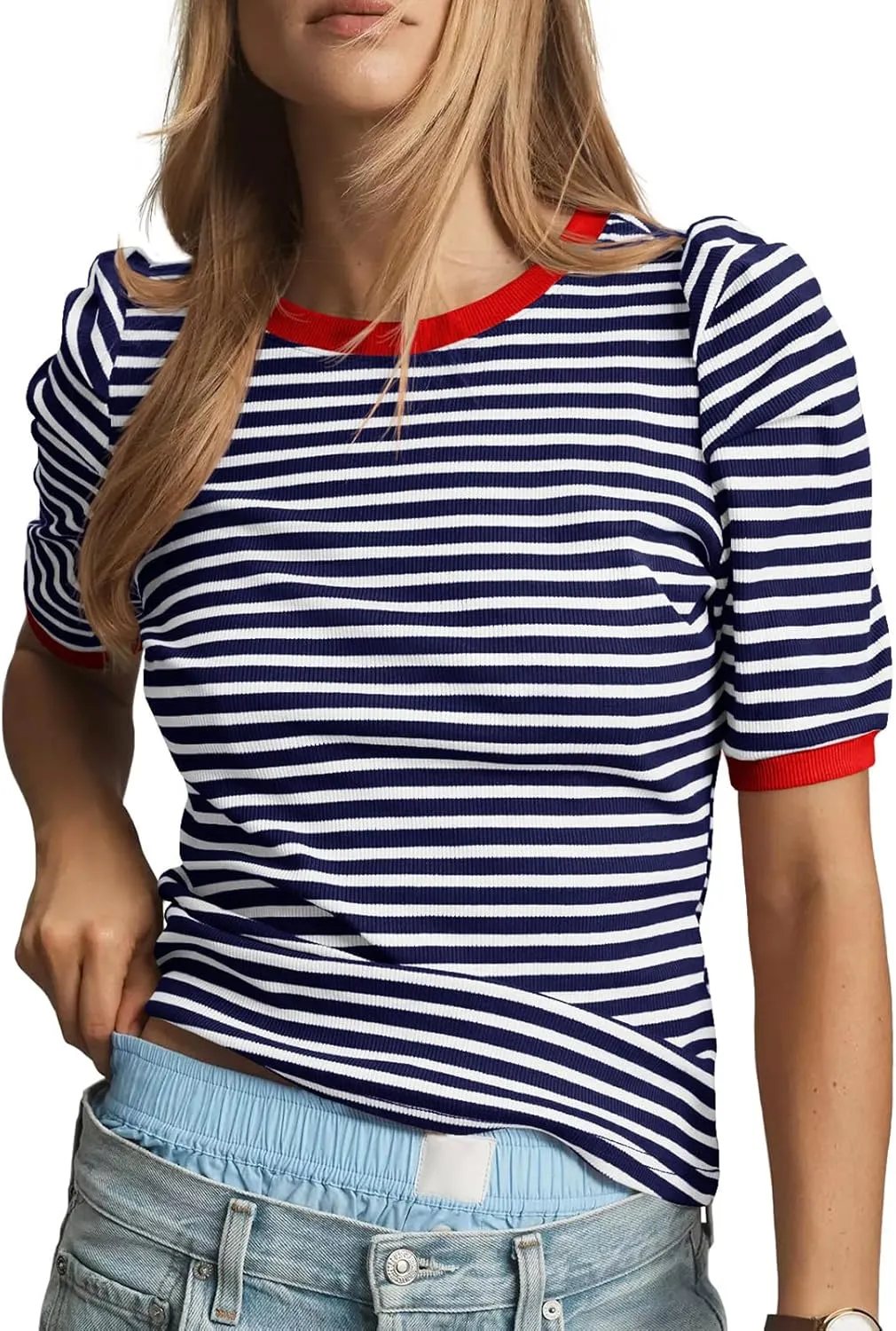 Tankaneo Womens Short Puff Sleeve Tops Trendy Striped Color Block T Shirts Crewneck Casual Shirts