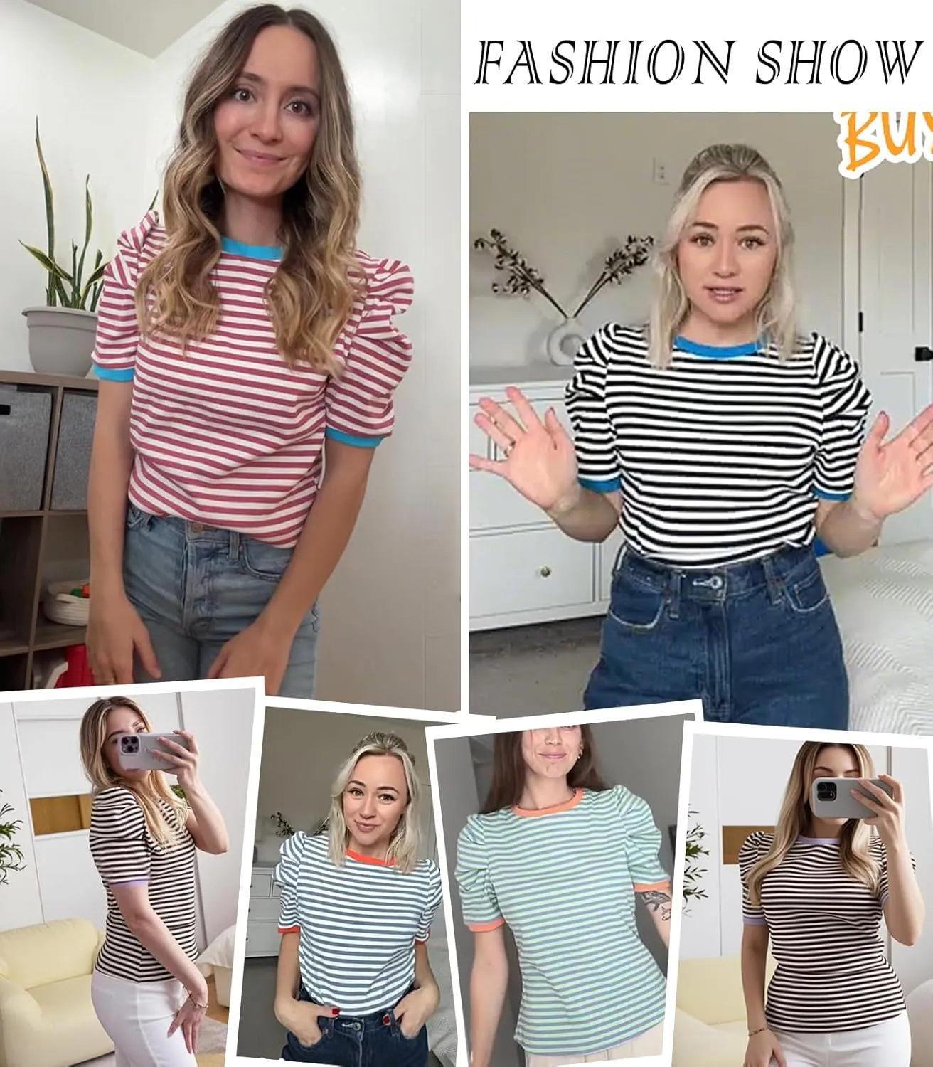 Tankaneo Womens Short Puff Sleeve Tops Trendy Striped Color Block T Shirts Crewneck Casual Shirts