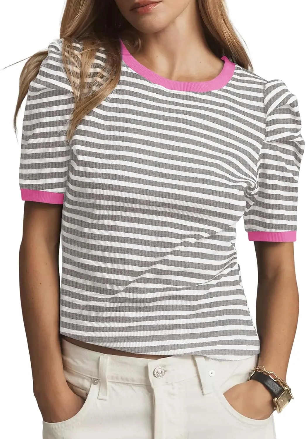 Tankaneo Womens Short Puff Sleeve Tops Trendy Striped Color Block T Shirts Crewneck Casual Shirts
